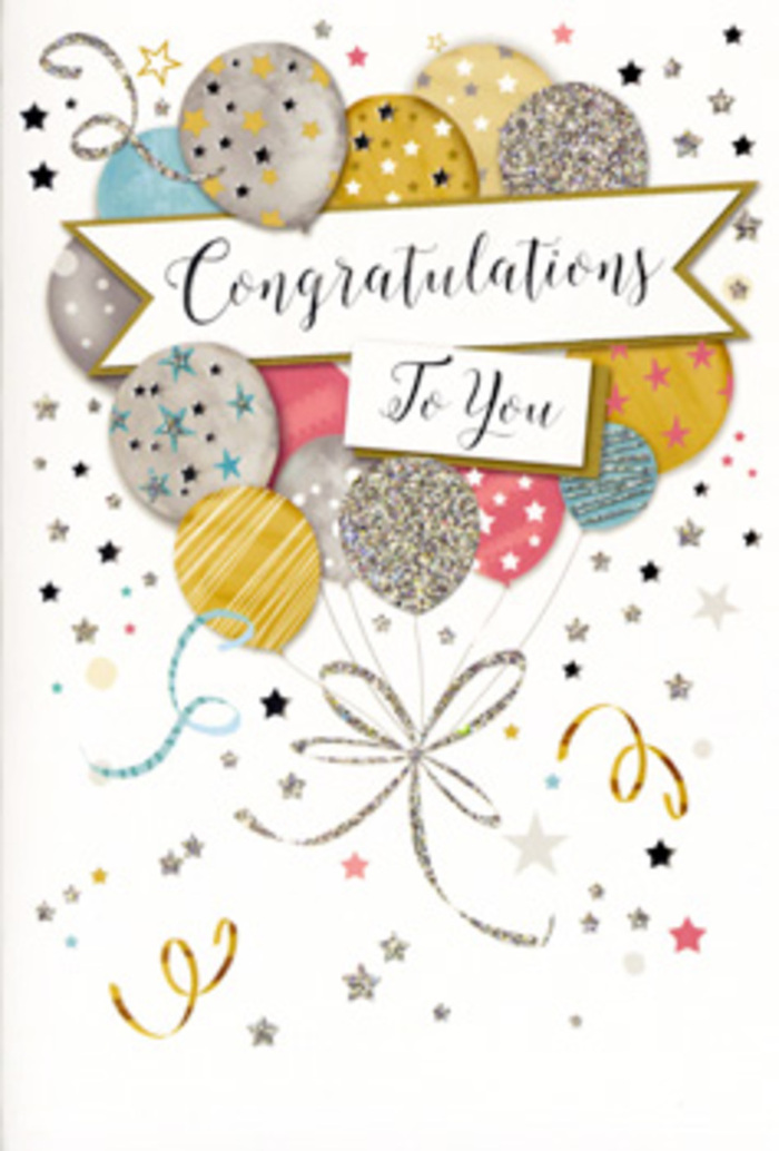 In this detailed image, a refined congratulations card is shown upright, framed as if on a console table in a Tooting hallway, welcoming you with its soft yet jubilant design. The artwork centres on a bouquet-like cluster of balloons rising from the bottom of the card, their rounded forms layered together in an airy cascade. The colour palette is gentle but celebratory: glimmering golds, bright silvers, champagne tones, pastel sky blue, warm blush pink, and nuanced grey all blending to create a luminous ensemble that recalls early evening skies over Tooting Common. Each balloon is adorned with delicate decorations, from sparkling tiny stars to thin metallic stripes and scattered glitter dots, suggesting a textured finish the fingertips almost expect to feel. Slender ribbons in metallic gold and silver stream down from the cluster, curling with natural movement as though they've just been tied in a loose knot by a florist preparing a party bouquet. The card's background is a soft ivory, sprinkled with small starbursts, swirling curls, and ribbon-like accents that drift across the space like confetti caught in a gentle breeze. Crossing the middle is a tastefully designed banner, slightly curved and edged in metallic ink, holding an elegant Congratulations To You message in graceful, looping script that conveys sincerity and admiration. The composition is carefully balanced, offering a sense of refined celebration suitable for graduations, promotions, new jobs, or any important success. It's easy to imagine this card being tucked beside a fresh arrangement delivered in Tooting, whether to a cosy flat near Tooting Broadway Market or a family home off Garratt Lane, marking a proud moment with quiet style.
