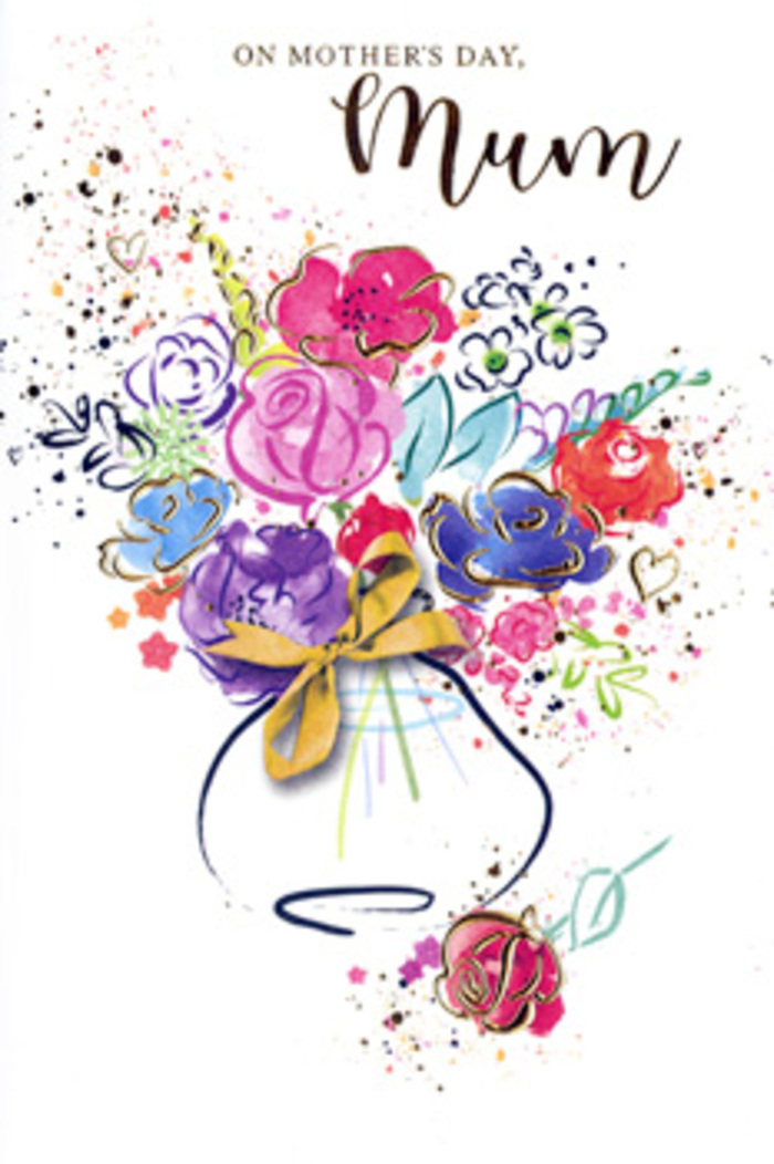 The illustration on this Mother's Day card captures the spirit of a hand-crafted bouquet in motion, as if a Tooting florist had translated an arrangement straight from the workbench onto paper. A loosely gathered cluster of blossoms rises from a simple vase, sketched with delicate curves and finished with a painted golden bow that echoes the finishing ribbon on a gift bouquet. The flowers themselves are a lively mix of hot pink, cerise, and rich magenta, their shapes defined by gestural indigo outlines that lend depth to each petal without losing the spontaneity of watercolour. Softer washes of lilac, cornflower blue, and gentle peach slip between the brighter tones, overlapping slightly in places to create the layered effect of real petals pressed together. Golden accents trace along certain petals and leaves, catching the eye with subtle highlights, like the brief glimmer of light on freshly misted blooms ready for same-day delivery in and around Tooting. Surrounding the main bouquet, playful splashes of colour and dainty heart motifs scatter across the white background, creating a feeling of airy celebration, as though petals have been tossed skyward on a breeze in nearby Tooting Commons. The composition feels balanced yet free, the colours chosen with the same care a florist gives when selecting stems to reflect a family's gratitude. It reads as a gentle promise of affection and appreciation, the kind of card image that pairs perfectly with a real bouquet, together expressing how cherished a mum is on Mother's Day and all year round.