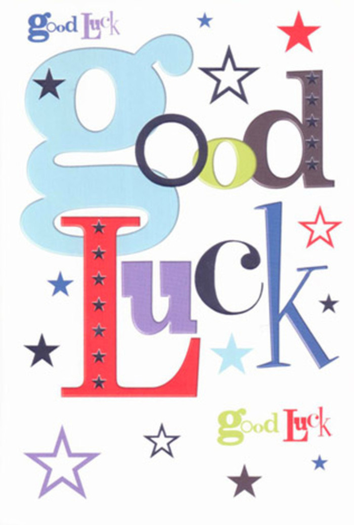 This image shows a joyful good luck card that feels as upbeat as a colourful bouquet waiting for collection on a busy Saturday in Tooting. The design is simple at first glance-just text and stars on a white background-but every detail has been chosen with a designer's care. The phrase Good Luck stretches across the card in large, overlapping letters, each character picked out in a different font and colour. A generous, rounded pastel-blue letter leads the eye in, grounding the message with a calm, friendly base tone. Around it, slimmer black letters offer contrast, while blocks of vivid red, deep violet, mossy green, and midnight navy punctuate the line like bright blooms woven through fresh greenery. Some letters are solid and bold, others slimmer or more stylised, suggesting a playful conversation between shapes and shades. Scattered around and between the words, a shower of little stars drifts across the white space in varying sizes and softness. There are strong midnight-blue stars, paler sky-blue and indigo ones, and delicate lavender and lilac flecks, with occasional small pops of tangy lime that make the design sparkle. This scattering of stars feels almost like a clear night above Tooting Common, where distant lights twinkle in every direction. The white card itself looks thick, smooth, and slightly tactile, the sort of quality stock you'd expect to find paired with a hand-tied bouquet from a trusted local florist. The composition leaves enough blank space to feel contemporary and uncluttered, allowing the colourful letters and stars to breathe. Altogether, the card has the energy of friends cheering from the sidelines before an exam at St George's or a move into a new flat off Garratt Lane-a small, tangible piece of encouragement, bright with hope and possibility.