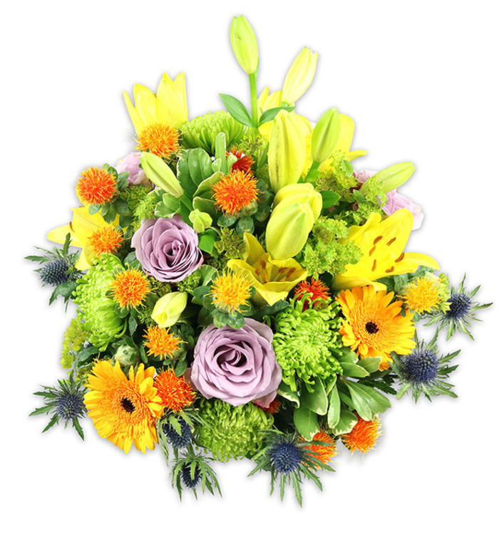 Against a pure white background a compact, exuberant bouquet sits like a sunlit garden mound, its palette of bright yellows, vivid oranges, gentle lavenders and cool blue-greys working in lively harmony. Prominent yellow Asiatic lilies create upward movement-some fully open with speckled inner petals and visible stamens, others as elongated buds that reach for light-while two or three soft lavender roses are tucked centrally, their layered petals offering a tender focal calm. Scattered across the surface, cheerful orange Gerbera daisies present broad, flat heads and darker centres that catch the eye, and clusters of lime-green button chrysanthemums provide dense, ruffled texture akin to soft moss. Interspersed smaller spherical orange and golden yellow accent blooms lend a prickly, energetic note, contrasting with the smooth rose forms. Several deep indigo-blue sea thistles (Eryngium) emerge at the lower contours and along the sides, their star-shaped, steel-toned bracts adding an architectural, almost coastal edge to the warm composition. A rich assortment of foliage-long glossy lily leaves, smaller matte filler leaves and feathery stems-frames the flowers and creates depth, while soft, even lighting reveals petal translucency and the interplay of shadows. The overall effect is celebratory yet composed: a bouquet that conveys warmth, optimism and gentle sophistication, perfect as a bright centrepiece for a dining table near Tooting High Street or as a thoughtful gift delivered to a friend by the local florist.