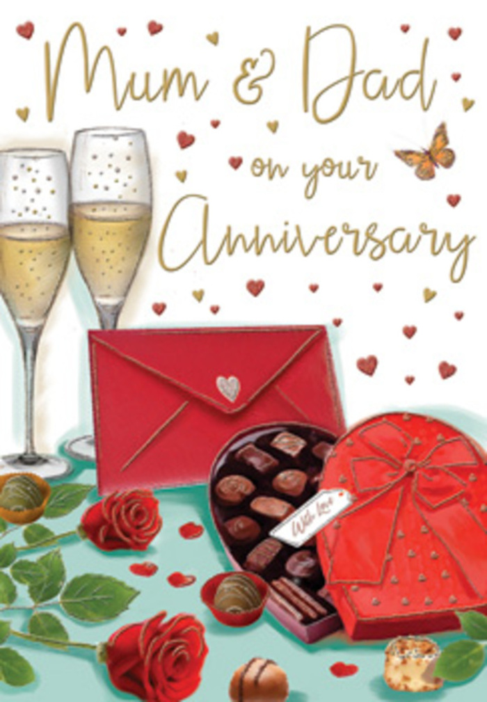 The scene on this anniversary card is drawn with the kind of warmth and detail that feels familiar to families across Tooting, as though captured right after a special delivery has arrived. At the heart of the image, two champagne flutes stand tall and close, their delicate stems and gently flared rims filled with golden bubbly, the surface alive with tiny, rising bubbles that suggest a celebratory toast is just moments away. Just in front, a heart-shaped box of chocolates in a deep, romantic red hue creates a focal point. Its lid, topped with an opulent red satin bow, is propped open to showcase an assortment of glossy chocolates nestled in dark trays, with a couple of pieces scattered loosely on the table as if someone has just given in to temptation. To the side, two exquisite red roses rest on the tabletop, their blooms full and velvety, petals layered in rich scarlet tones, paired with subtle touches of fresh green foliage that mirror the quality of stems chosen daily in the Tooting flower shops along the high street. A scarlet envelope lies nearby, sealed and slightly turned, hinting at a heartfelt message written inside to Mum & Dad on their anniversary. Around these central elements, delicate gold flourishes and tiny crimson hearts drift across a light background, creating a soft halo of romance. The overall mood is one of cosy, at-home celebration, the kind of intimate moment that might unfold after dinner in a Tooting terrace, where love, gratitude, and family ties are quietly honoured.
