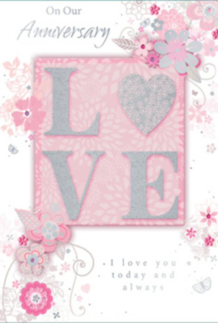 In this image, the anniversary card looks like a small work of romantic art, the kind you might tuck beside a vase of fresh blooms on a windowsill overlooking a Tooting side street. The central focus is the word LOVE, written in bold yet rounded uppercase letters that rise gently from the card's surface. Each letter is coated in a layer of fine, frosted glitter that is more satiny than sparkly, giving a sophisticated sheen rather than a loud glint. When imagined under fingertips, the letters feel slightly cushioned and textured, like tracing the edge of a ribbon tied around an anniversary bouquet. Around this main motif, the card is filled with a gentle drift of hand-drawn florals, leafy tendrils, and wispy sprays that skim along the borders. The blooms appear in harmonious shades of blush pink, lilac, and creamy white, with very subtle gradients that replicate the softness of a pastel sketch or a light watercolour wash. Thin, curved stems and filigree lines wind through the flowers, suggesting movement and flow, much like foliage being turned and adjusted on a florist's bench at Flowers Tooting as an anniversary arrangement comes together. Tucked between petals and leaves, tiny butterflies and delicate flourishes hide like little secrets, ready to be discovered on a second or third look. The background is a warm, mellow pink that soothes the eye and enhances the luminous white and silver highlights. An understated message-I love you today and always-is set in graceful script, quietly affirming ongoing devotion and daily gratitude. The card feels intimate and considered, a paper counterpart to a lovingly chosen bouquet delivered across Tooting to mark a shared milestone.