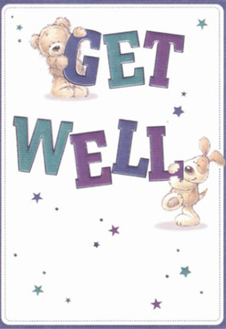 There's an immediate sense of warmth and lightness in this charming get well card, capturing the friendly, bustling vibe of Tooting's local markets. The artwork brings to life a plush teddy bear deftly cradling the word 'GET,' while a vivacious puppy, all floppy ears and joy, nuzzles against the bold 'WELL' below. Their softly rounded features and gentle expressions communicate sincere affection, echoing the supportive nature of neighbours near Tooting Broadway. Deep purples and teals enliven the bold text, while scattered stars glitter across a clean white background, as if sprinkling the promise of better days ahead over the familiar streets. Each illustrated fur tuft begs to be touched, reminding one of the tactile pleasure of holding a fresh bouquet expertly crafted by Flowers Tooting. Clarity and cleanliness in the background evoke the sense of a beloved local shop, where every arrangement is made to heal and inspire. The atmosphere is one of nurturing care-each detail, from the expressive faces to the playful stars, works in concert to send wishes of comfort and optimism to someone in recovery throughout the Tooting area. This card, like a hand-tied delivery, is a heartfelt reminder that kindness is always close at hand.