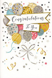 The photograph captures a stylish congratulations card that feels as if it belongs on a coffee table in a Tooting home after joyful news has arrived. The card's front is filled with a jubilant arrangement of balloons, drawn as a clustered bouquet that rises from the lower third of the design and gently fans out. Each balloon is perfectly rounded and appears softly reflective, offered in tones of champagne and antique gold, bright silver, soft pink, serene sky blue, and brushed grey. Their surfaces are embellished with fine stars, curved stripes, and tiny dots of metallic colour, recalling the muted sparkle of city lights around Tooting Broadway after dark. From the bottoms of the balloons, slender gold and silver ribbons tumble down, looping into graceful curls in the same way a florist's careful hand might finish a celebratory bunch. The backdrop is a light, creamy white, scattered with shimmering stars, curly streamers, and subtle confetti shapes that swirl around the central motif, giving the impression of movement and laughter frozen in time. Across the middle of the card, a gentle banner unfurls, edged with a thin metallic frame and bearing the words Congratulations To You in flowing, calligraphic lettering that feels warmly personal, like a message written for one cherished recipient. The entire design radiates happiness, pride, and a sense of occasion without ever feeling loud, making it ideal for honouring achievements from exam success to promotions or new beginnings. It's easy to picture this card nestled beside a fresh bouquet delivered across Tooting, turning an already special moment into a treasured memory.