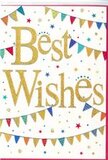 The card in the image is a joyful Best Wishes design that brings to mind the friendly, bustling character of Tooting on a sunny afternoon. Its background is a pristine white, creating a calm canvas for the colourful, celebratory artwork. In the centre, the words Best Wishes are written in large, sweeping gold script that gleams softly, as though reflecting light from a shop window along Tooting High Street. The lettering is gently embossed, giving it a textured feel that suggests quality and care. Framing this message, strings of bunting arch across the top and bottom of the card, forming a loose oval that guides the eye. Each bunting flag is a small triangle in bright, cheerful colours-fiery red, sky blue, leafy green, sunny yellow, and accents of magenta and turquoise. Some of the flags are decorated with fine stripes or scattered dots, while others remain as solid blocks of colour, creating a pleasing rhythm across the strands. Dotted between and around the bunting are tiny stars and confetti-like circles in matching shades, arranged to appear as if they are gently drifting across the card, just as confetti might float down after a burst of applause at a local celebration. Despite the abundance of colour, the white background keeps the design airy and easy to read, making the golden wording stand out clearly. The mood is uplifting, inclusive, and full of gentle excitement, perfect to accompany a bouquet sent for exam success, a new baby in the family, a new job in central London, or any happy moment being celebrated in the SW17 area. It feels like a simple but heartfelt way to share optimism and encouragement, with a touch of everyday Tooting charm.