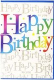 This colourful birthday card feels like the paper equivalent of a bustling Tooting market stall, overflowing with brightness and good cheer. Spread across the front in large, reassuringly bold letters are the words Happy Birthday, the phrase forming a gentle arc that dominates the design. Each individual letter is bathed in a different rich colour, moving gradually through a full rainbow: from strong crimson and deep magenta, into juicy orange and sunny yellow, then on into lush greens, refreshing aqua, and sumptuous purples. The edges between colours are softened with subtle gradients, lending the letters a smooth, almost velvety appearance, as though airbrushed onto the card. Behind this jubilant headline, the background is intricately filled with lines of fine golden script, each repeating Happy Birthday to you in graceful, looping handwriting. The gold ink catches the light with a refined gleam, not overly glittery but quietly luminous, like sunlight reflecting off windows on a bright morning near Tooting Bec station. Dotted around the design, small star shapes and colourful specks echo the look of confetti thrown at the height of a celebration, adding an extra sense of movement and festivity. The surface finish appears sleek and gently glossy, making the colours seem deeper and the metallic details more pronounced when viewed from different angles. It is the sort of card that would pair perfectly with a freshly arranged birthday bouquet from Flowers Tooting, ready to be delivered as a complete surprise to a home, café, or office anywhere in the local area.