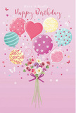 Playful birthday card artwork featuring a pastel balloon bouquet and a small cluster of roses and daisy-like flowers, illustrated with the same thoughtful eye a Tooting florist might use when styling a festive window display. The background is a gentle pink wash, softly graduated so it feels like warm light spilling across the page, reminiscent of a calm afternoon stroll between Tooting Broadway and Tooting Bec. At the centre, several balloons float upward in a tight group: rounded forms in powder pink, sea green, light lemon, and lavender. Each balloon is decorated differently-some with candy-striped swirls looping around their sides, others speckled with tiny polka dots, and one with a more heart-like, affectionate shape that hints at love and gratitude. The balloons look glossy and light, as though you could nudge them with a fingertip and watch them bob. Attached below is a petite, hand-tied bouquet of flowers. Cream and blush roses mingle with pale mauve, anemone-like blooms, their petals feathery, layered, and slightly cupped, suggesting freshly conditioned stems ready for local birthday delivery. A vivid violet satin bow secures the slender green stems, its texture shining softly against the pastel tones. Scattered stars and small butterfly motifs drift around the central design, adding a sense of magical movement, like celebratory confetti caught in a gentle breeze somewhere off Mitcham Road. The overall impression is light, sweet, and delightfully festive, perfectly capturing the feeling of sending warm birthday wishes across Tooting with a touch of imaginative charm and floral beauty.