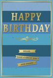 The birthday card in the image captures a mood of quiet festivity, pairing cool blue tones with warm, gleaming gold in a way that feels as naturally balanced as an evening walk through Tooting's residential streets. The background consists of broad, horizontal bands of blue, each stripe slightly different in intensity. At the top, the shade is a strong navy, deep and confident, then it gradually lightens through teal and ocean hues until it reaches a gentle, calming sky blue near the bottom. This peaceful gradient gives the card a sense of depth and serenity. In the middle, the words HAPPY BIRTHDAY stand out in bold, embossed gold capitals, their raised surfaces catching light and reflecting it softly, so the greeting appears almost three-dimensional. Just beneath this central message is a refined gold flourish, a delicate, curving motif that suggests handwritten elegance and adds a touch of timeless charm. Below the flourish, three slim golden banners are stacked neatly, each ribbon bearing part of the soft, encouraging phrase: Relax, have a great day and enjoy! The sentiment feels personal and kindly, as if offered over a relaxed meal on a birthday afternoon in Tooting. A thin gold border runs around the outer edge of the card, framing the design and echoing the polished structure of a professionally wrapped gift. The blues look smooth and matte to the eye, while the gold accents shine with a subtle, reflective lustre. Imagined beside a hand-arranged bouquet from Flowers Tooting, this card would lend a sense of composed, heartfelt warmth to any birthday celebration.