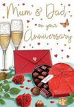 This anniversary card illustration offers a richly romantic scene that could easily be imagined on a side table in a Tooting living room, arranged just before an evening toast. Two slim champagne flutes rise from the centre of the image, their glass surfaces gleaming softly as they hold generous pours of golden sparkling wine. Bubbles are captured mid-rise, giving the impression of movement and the anticipation of clinking glasses. In front of them, a sumptuous heart-shaped box of chocolates in a deep crimson tone is proudly displayed, its lid embellished with a wide, luxurious satin bow that loops and trails in fluid curves. The open box reveals an inviting collection of chocolates neatly tucked into dark compartments, with several pieces artfully scattered across the tabletop to suggest a shared treat. At the base of the composition, two velvety red roses lie gently, their petals plush and fully open, framed by small sprays of green foliage, echoing the kind of carefully chosen stems found at Flowers Tooting. Off to the side, a scarlet envelope, sealed and slightly askew, adds a sense of narrative-an unseen hand has written affectionate words to Mum & Dad and set them here. All around, tiny red hearts and subtle touches of gold drift across the soft background, adding sparkle and tender energy. The overall effect is one of warmth, closeness, and quiet celebration, like an anniversary evening spent at home after fresh flowers and chocolates have been delivered along the bustling streets of Tooting.
